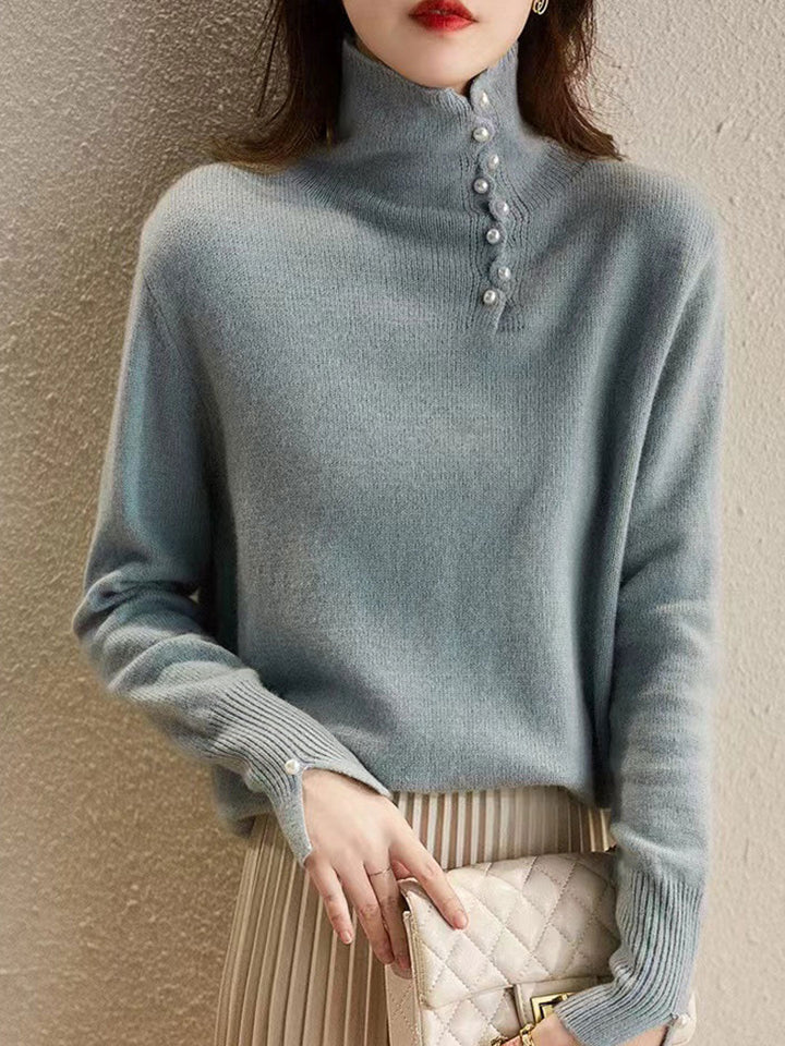 Ava Vintage Buttoned Turtleneck Knitted Sweater-Blue