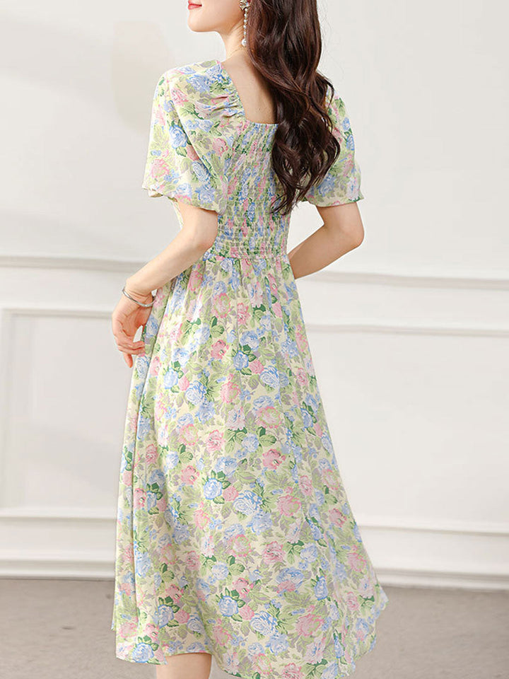 Sophia Retro Puff Sleeve Floral Dress