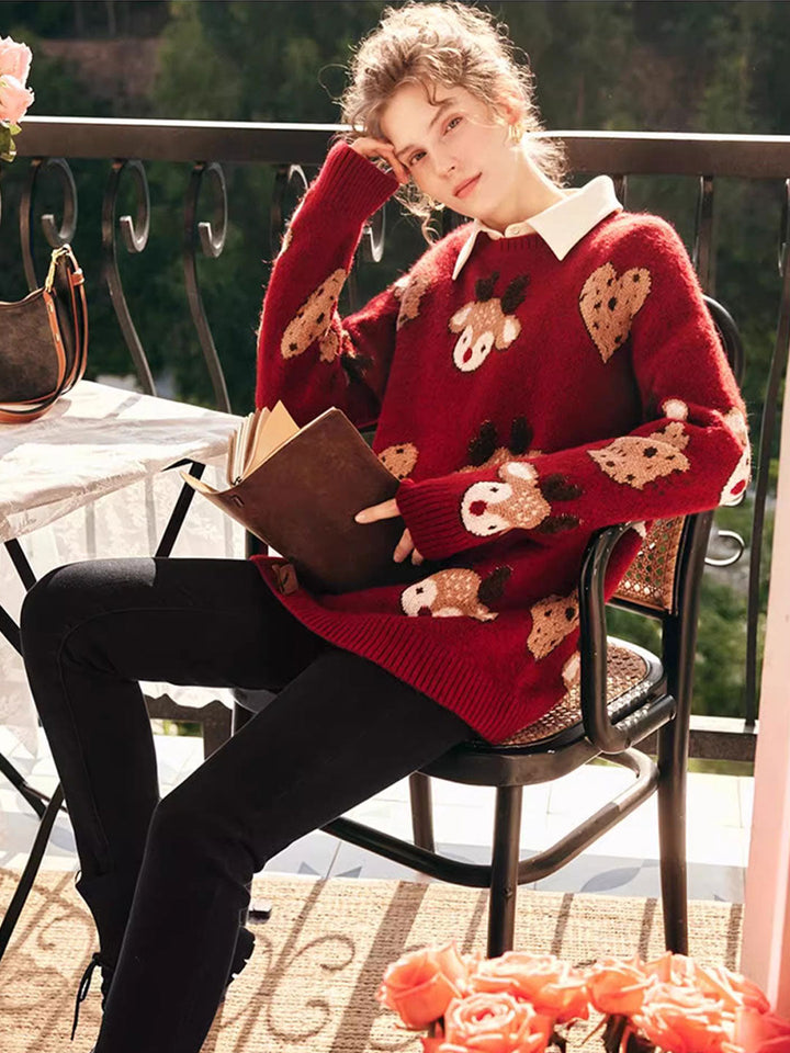 Anna Retro Crew Neck Elk Jacquard Knitted Sweater