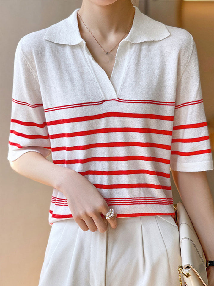 Olivia Retro Lapel Horizontal Stripe Knitted Sweater-Caramel