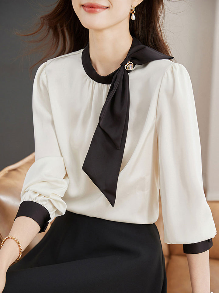 Sophia Classic Bow Color-Block Satin Shirt