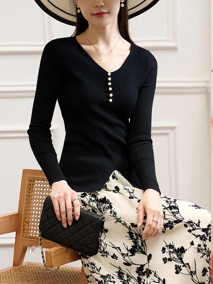 Emma Elegant V-Neck Solid Color Slim Knitted Top