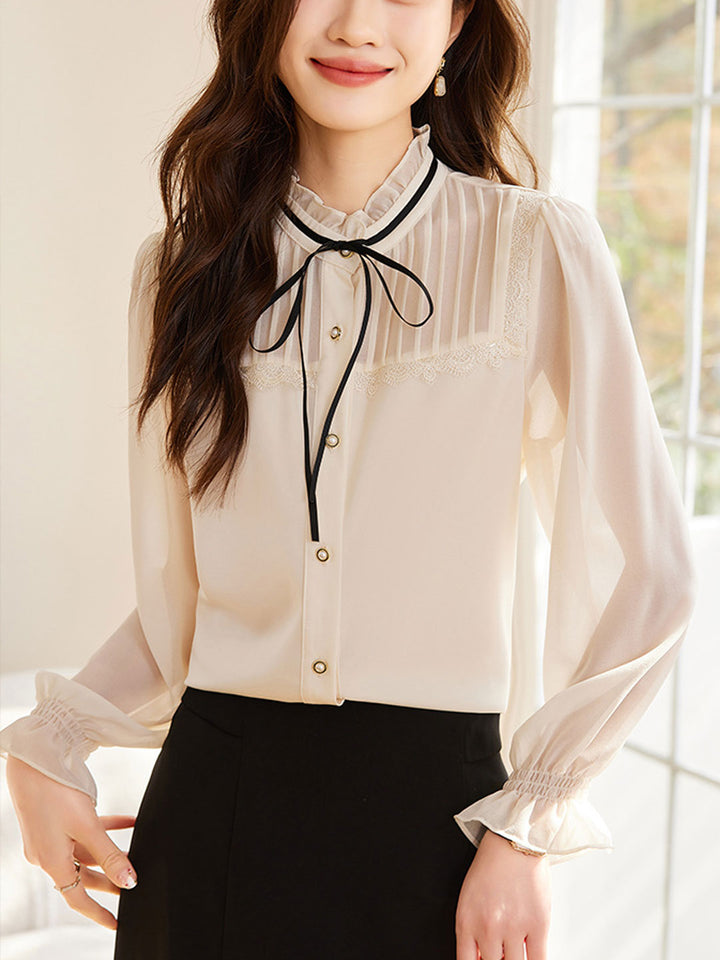 Chloe Vintage Ruffle Bow Collar Chiffon Blouse