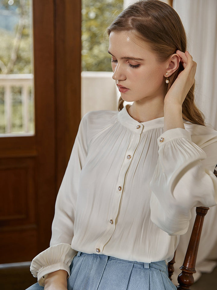 Emma Stand Collar Pleated Vintage Blouse