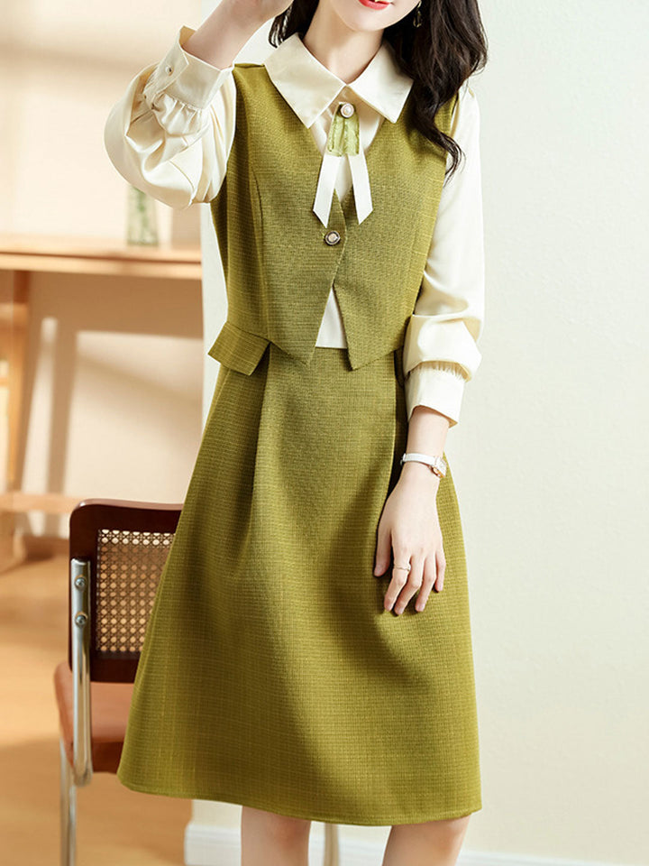 Taylor Elegant Color Blocked Bow Tie Shirt Dress