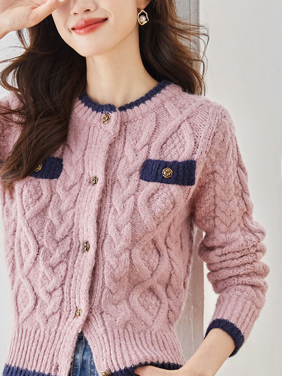 Emma Classic Thickened Knitted Cardigan Sweater-Pink