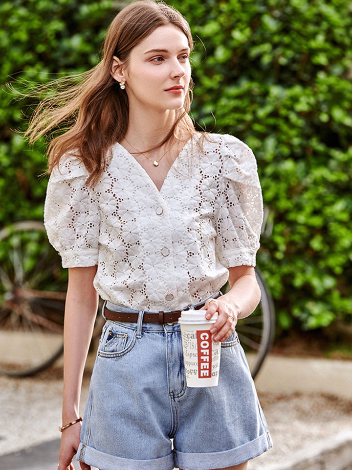 Trinity Retro V-neck Puff Sleeve Lace Hollow Blouse