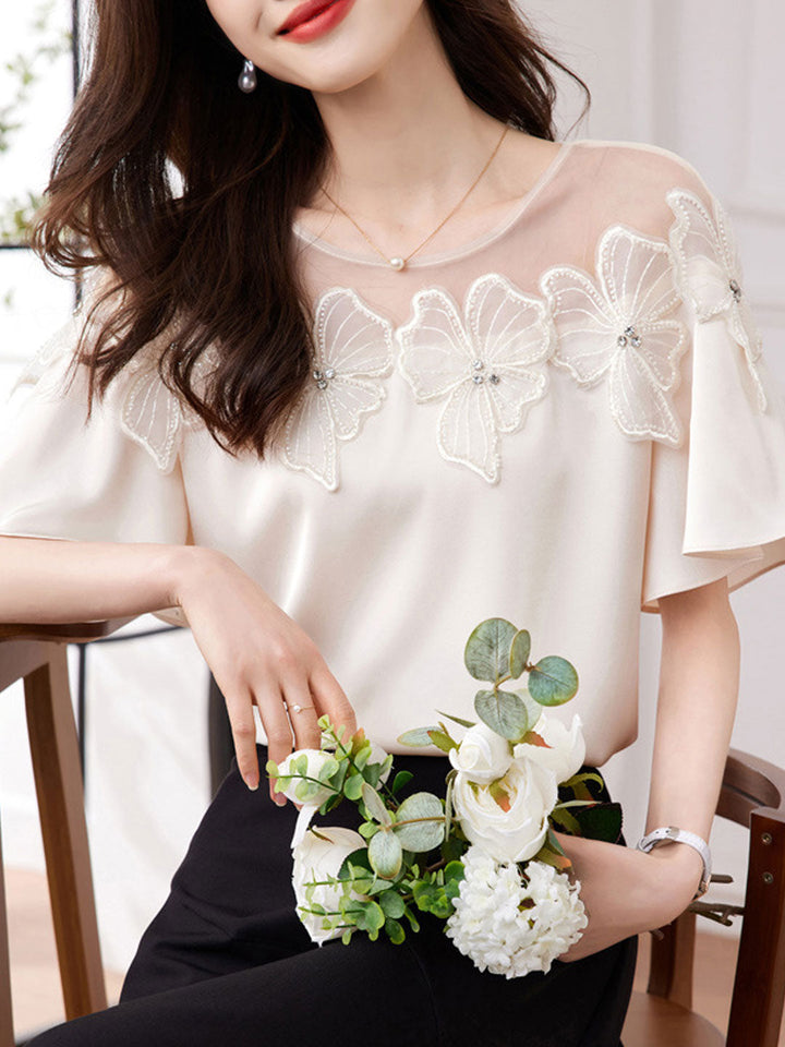 Ava Retro Mesh Splicing Beaded Flower Chiffon Top-Beige