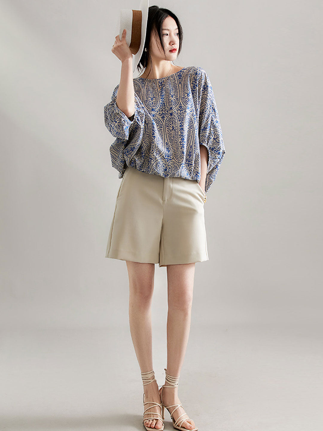 Maya Casual Back Bow Printed Blouse-Blue