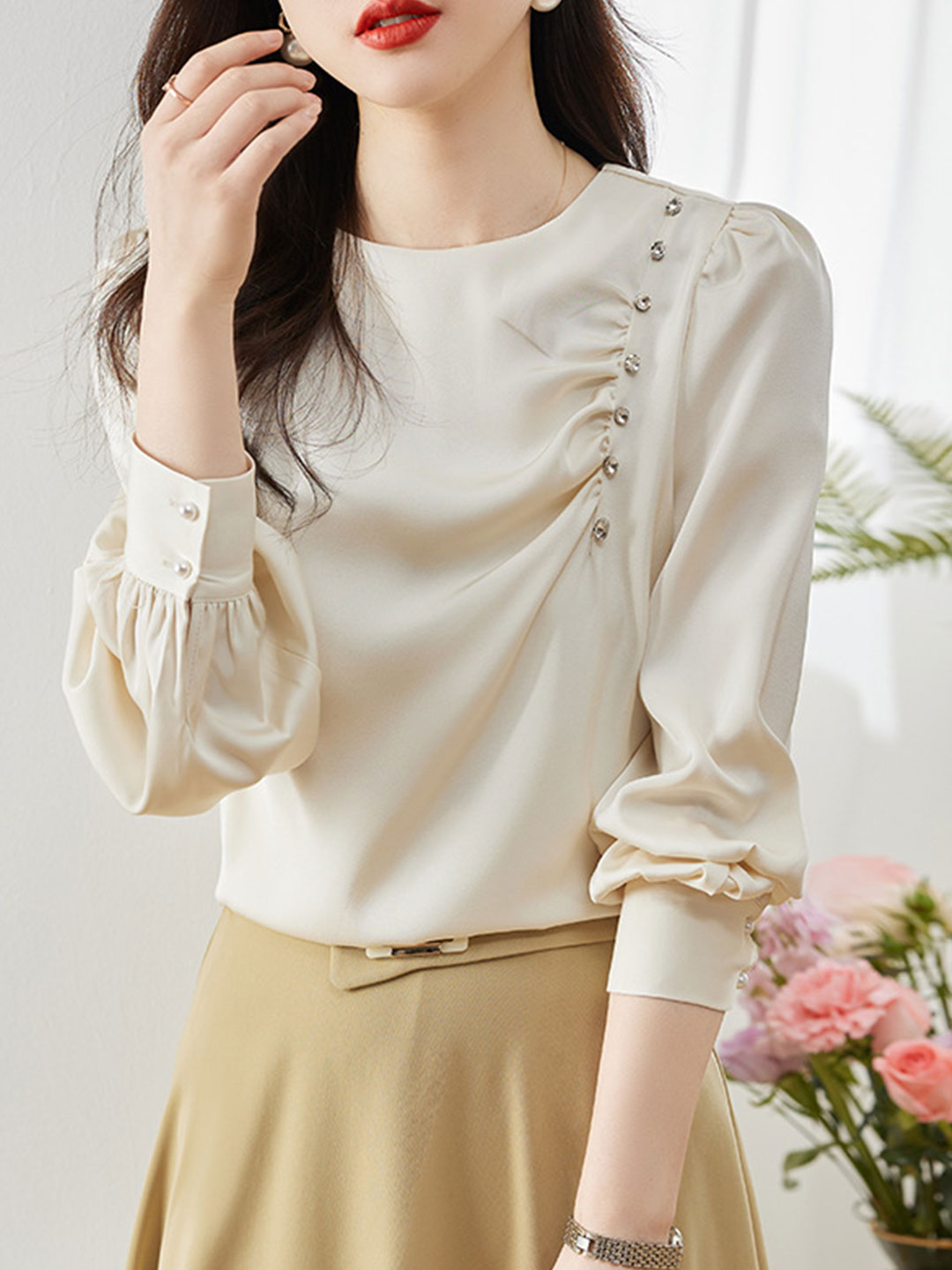 Mia Elegant Beaded Pleated Shirt