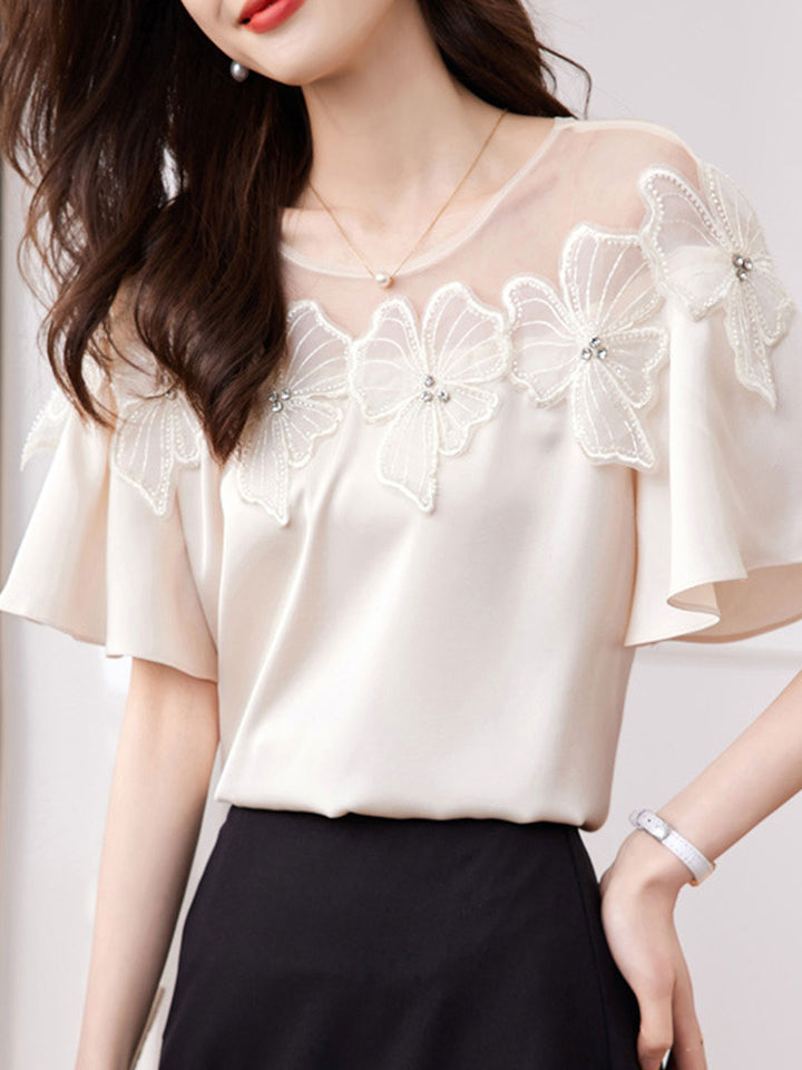 Ava Retro Mesh Splicing Beaded Flower Chiffon Top-Black