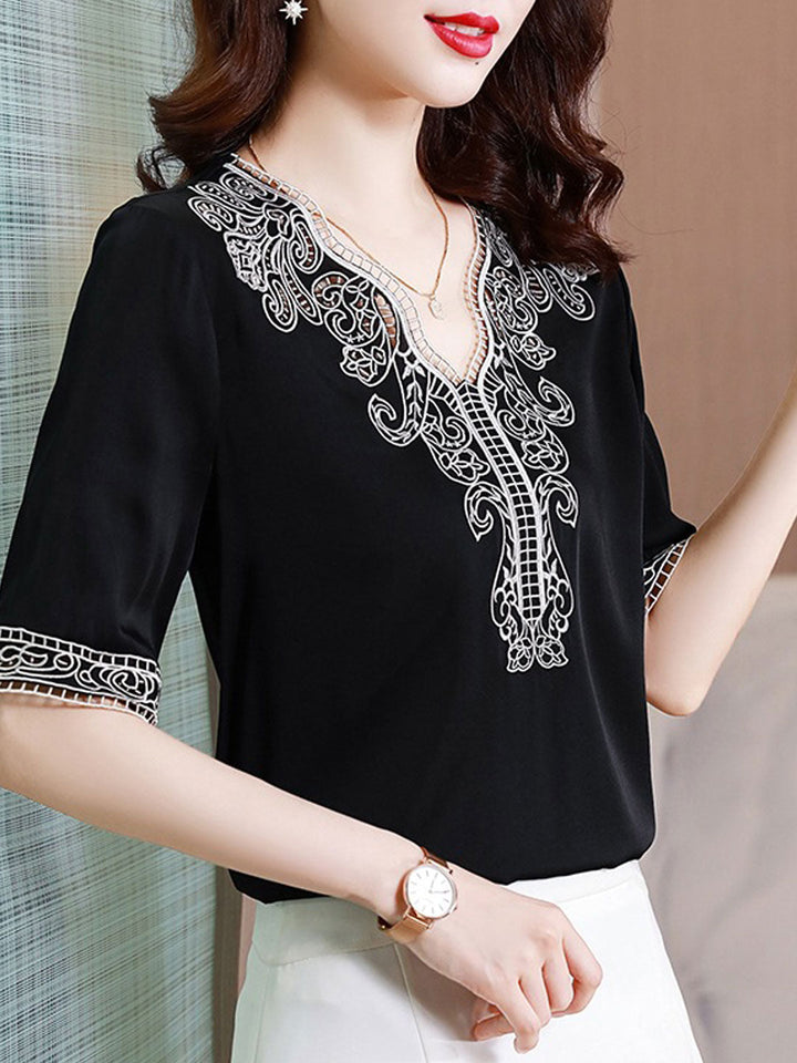 Maya Classic V-Neck Embroidered Satin Shirt