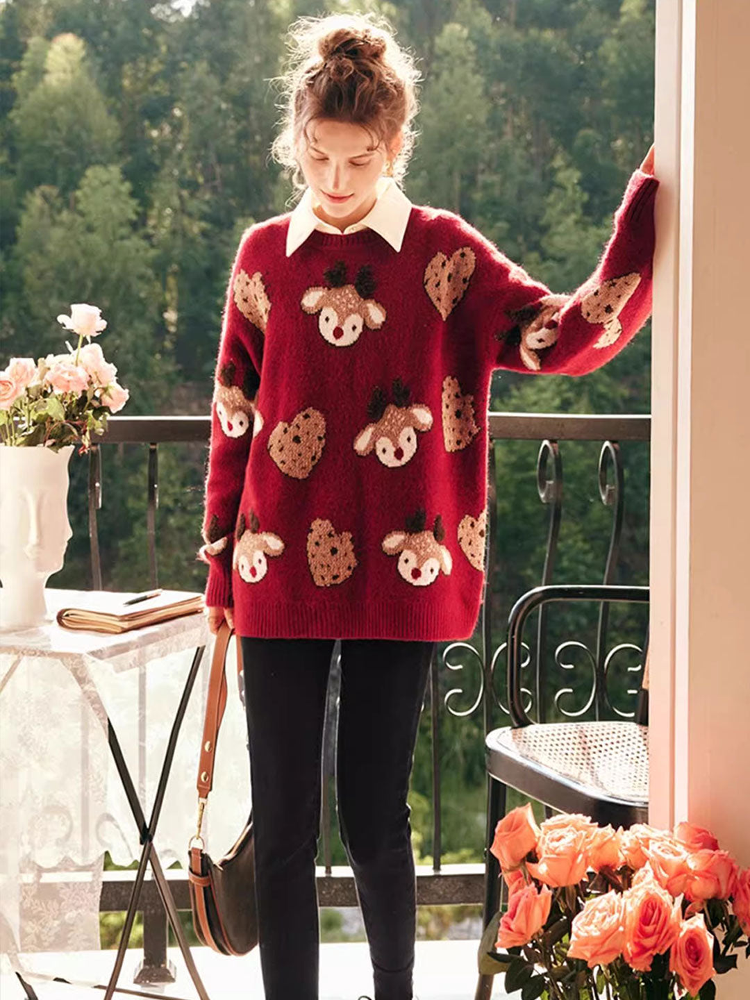 Anna Retro Crew Neck Elk Jacquard Knitted Sweater