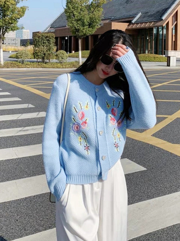 Hannah Casual Embroidery Floral Knitting Sweater-Blue