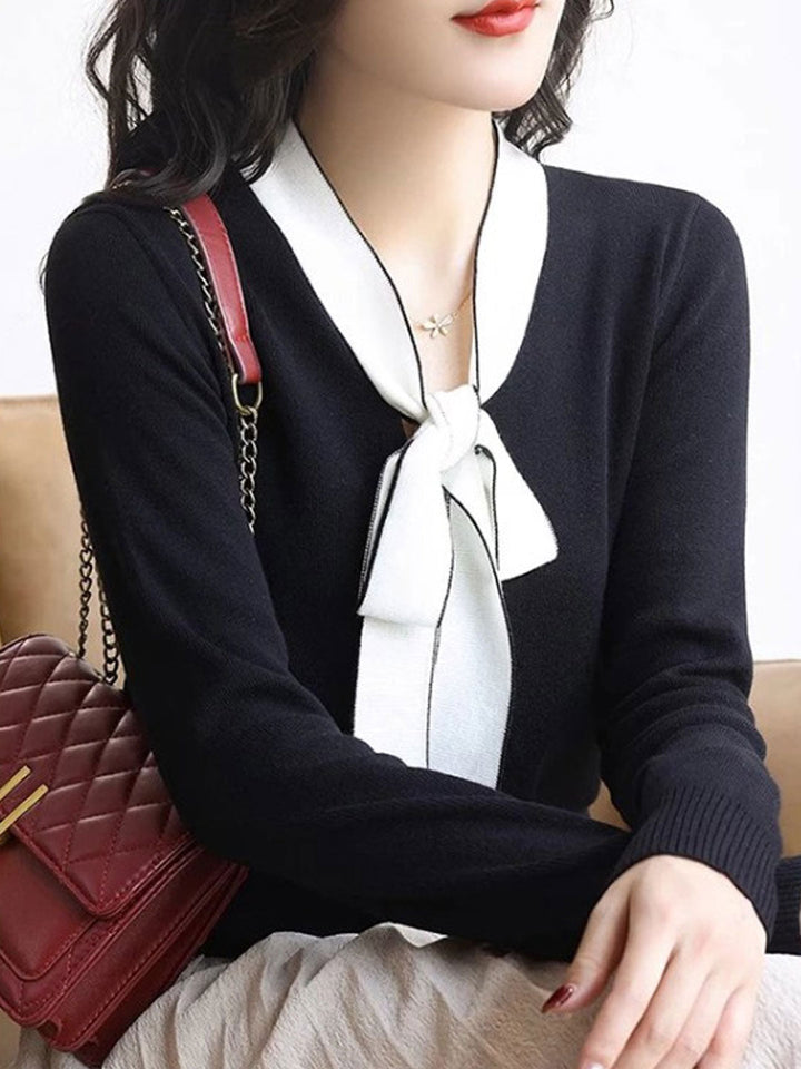 Jessica Casual Color Block Bow Tie Knitted Top