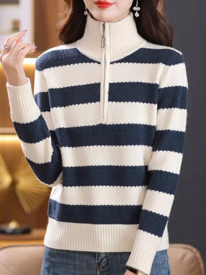 Sara Casual Lapel Contrast Striped Knitted Sweater