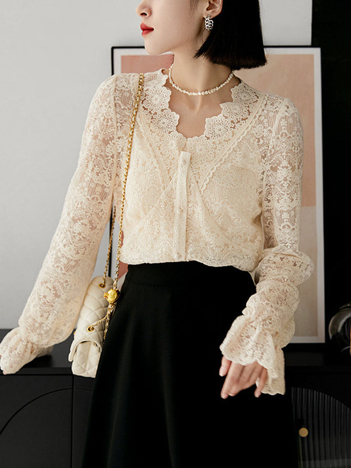 Khloe Elegant V-Neck Lantern Sleeve Lace Top