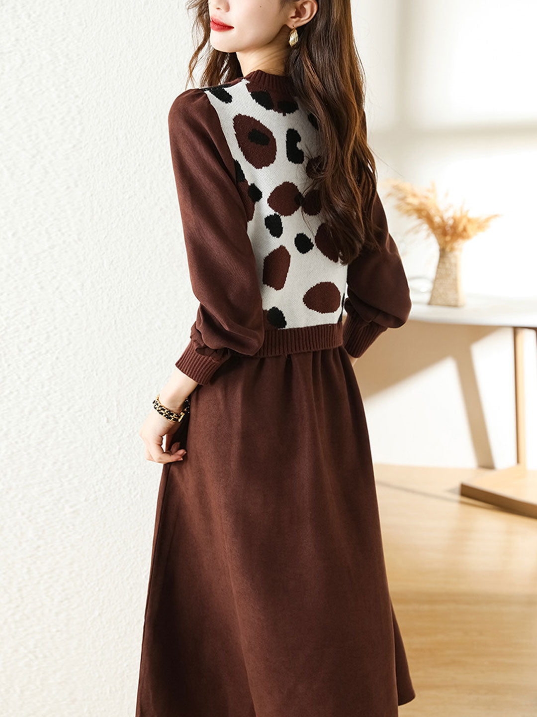 Olivia Classic Waist Puff Sleeve Patchwork Sweater Dress Set