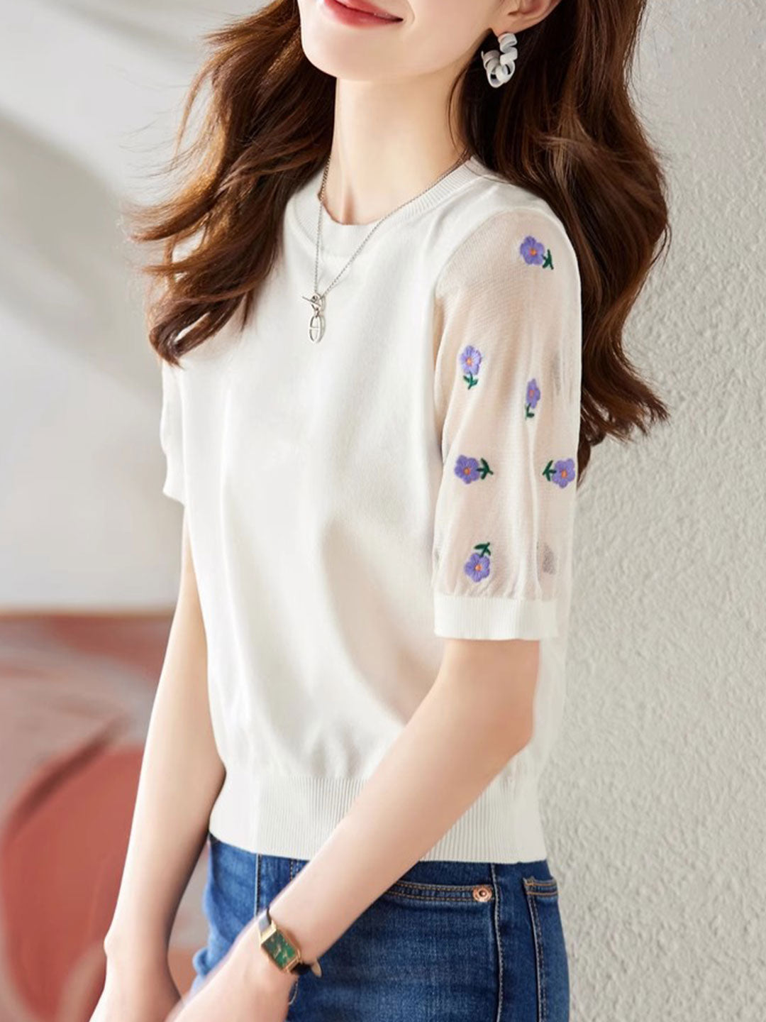 Alexis Classic Embroidered Puff Sleeve Knitted Top-White