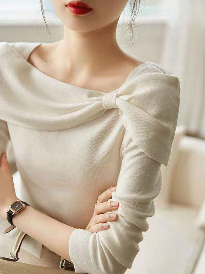 Brianna Brianna Off-Neck Bow Knitted Sweater-White