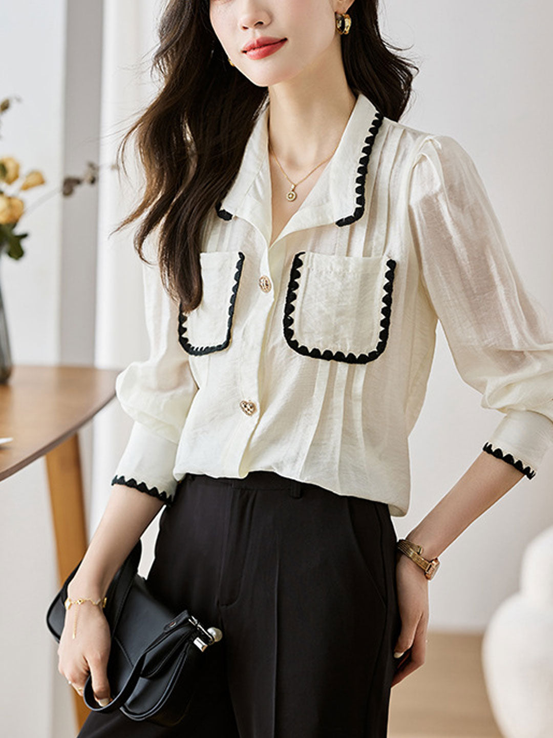 Sophia Retro Lapel Patchwork Shirt