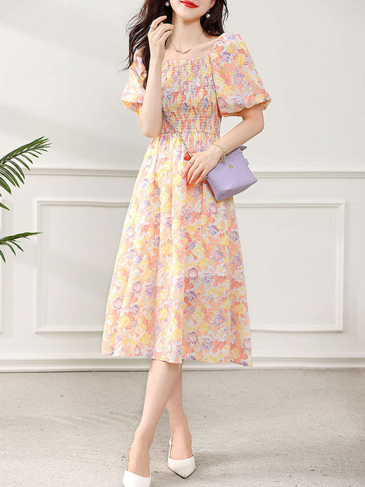 Sophia Retro Puff Sleeve Floral Dress