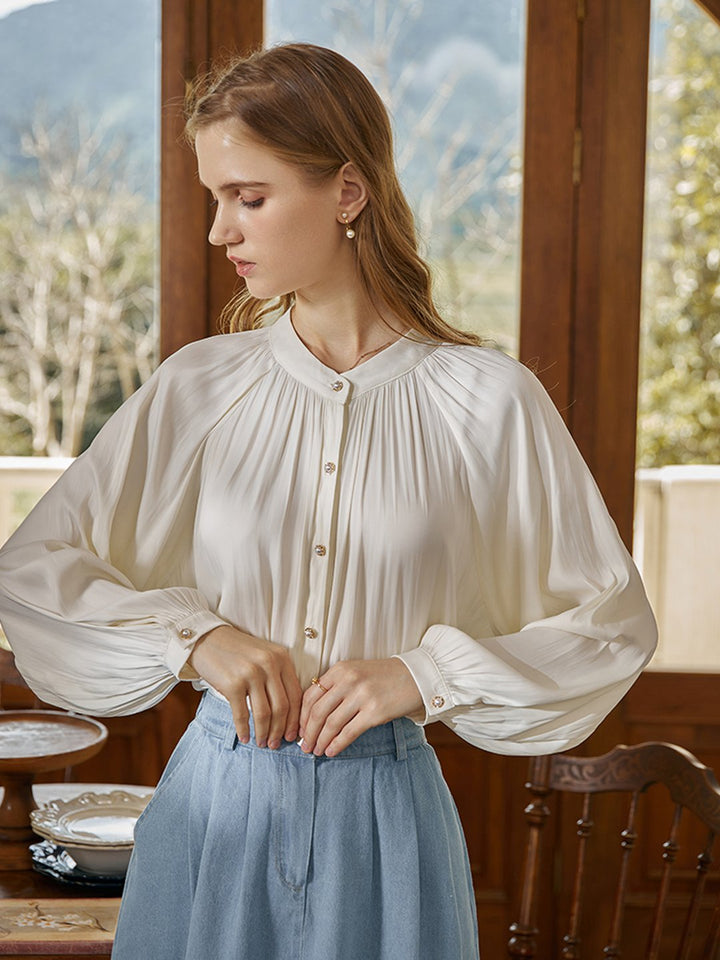 Emma Stand Collar Pleated Vintage Blouse