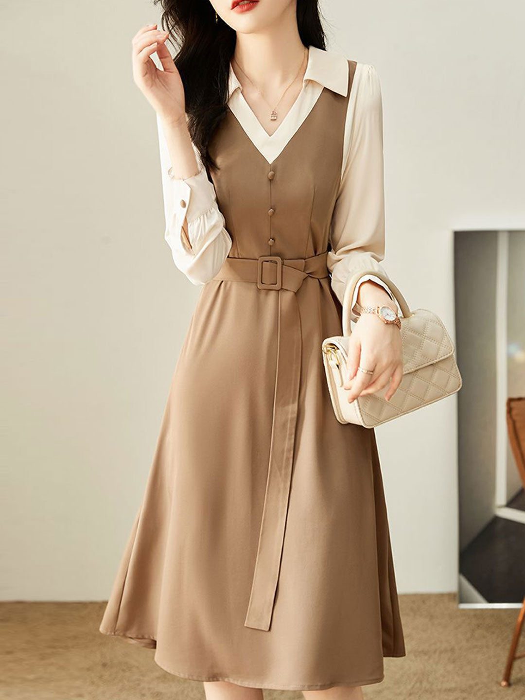 Brianna Elegant Tie Patchwork Waist Dress