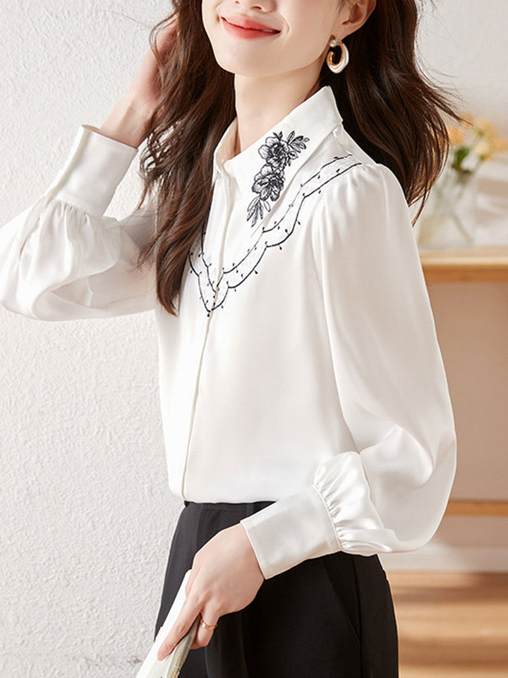 Paige Classic Embroidered Doll Collar Puff Sleeve Shirt