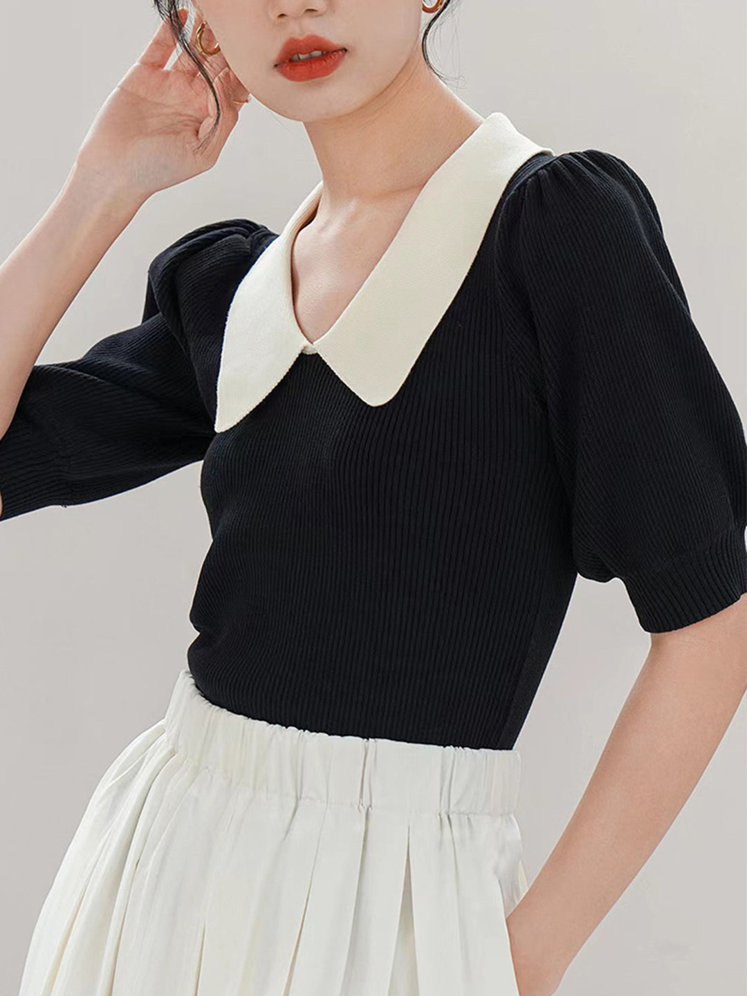 Alexis Retro Lapel Puff Sleeve Knitted Tops-Black