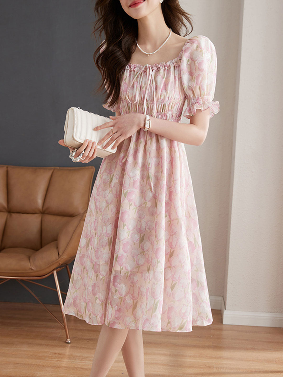 Kayla Classic Jacquard Puff Sleeve Chiffon Dress-Pink