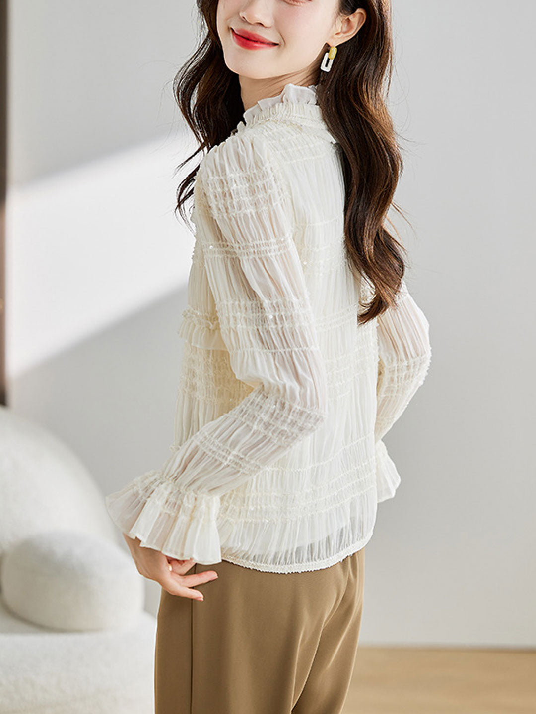 Claire Retro Auricular Jacquard Flare Sleeve Shirt