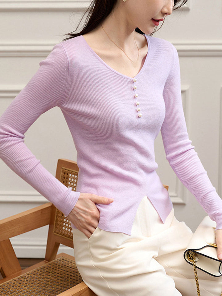 Emma Elegant V-Neck Solid Color Slim Knitted Top