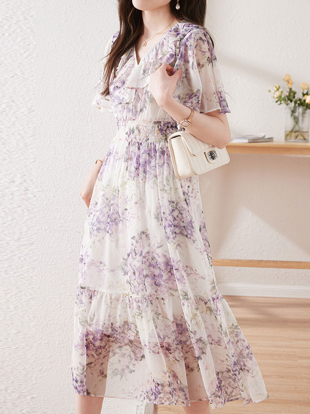 Valeria Retro Waisted Floral Chiffon Dress