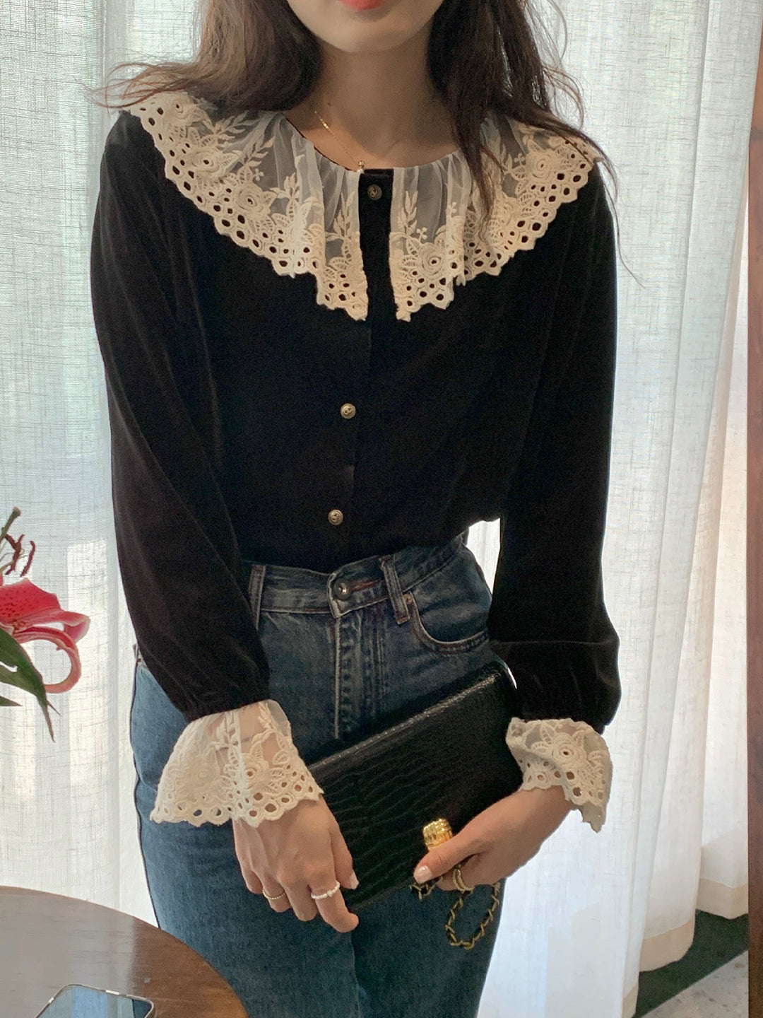 Cecilia Elegant Lace Crew Neck Black Blouse