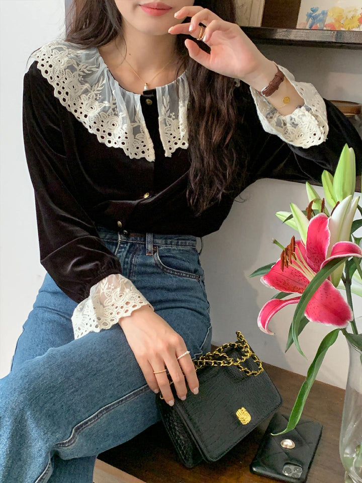 Cecilia Elegant Lace Crew Neck Black Blouse