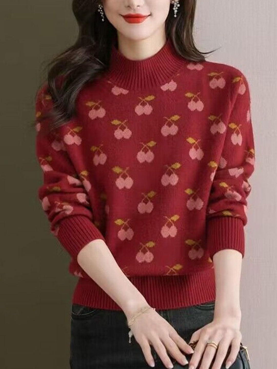 Abigail Retro Turtleneck Jacquard Knitted Pullover Sweater