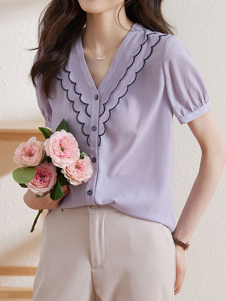 Natalie Classic V-neck Chiffon Top-Pink