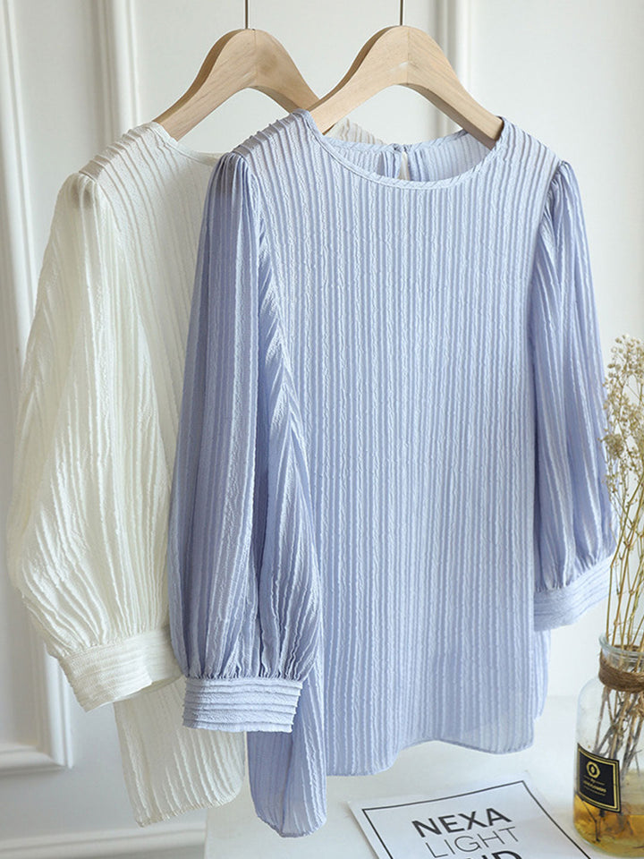 Kayla Classic Crew Neck Pleated Shirt-Blue