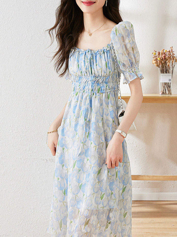 Kayla Classic Jacquard Puff Sleeve Chiffon Dress-Blue