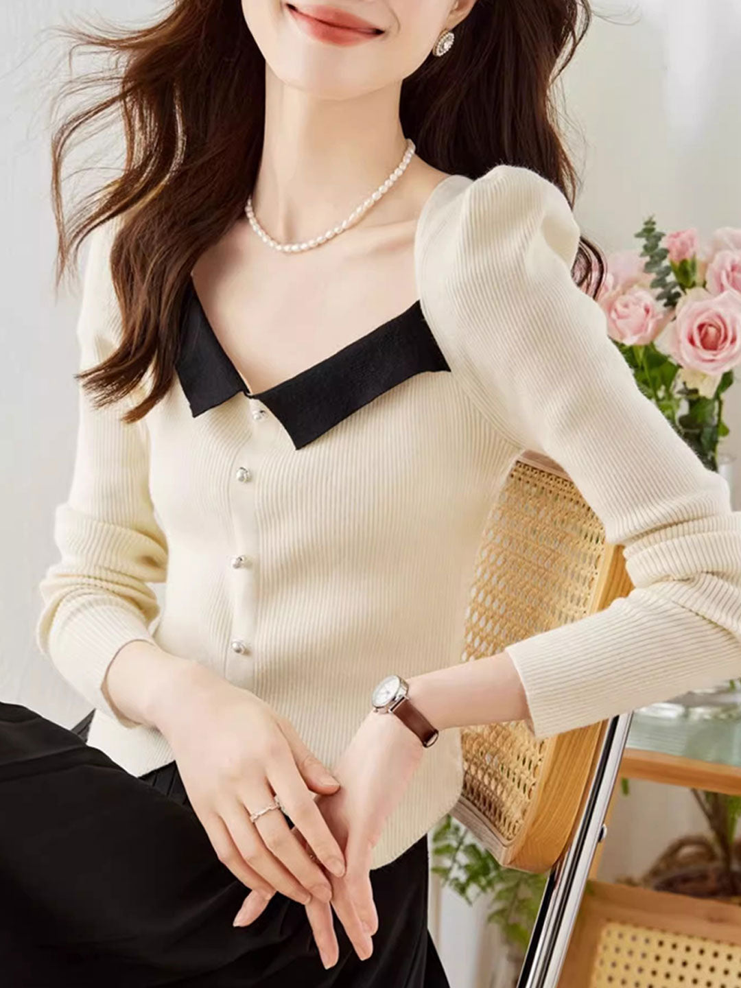 Jessica Retro Color Block Knitted Sweater-Apricot