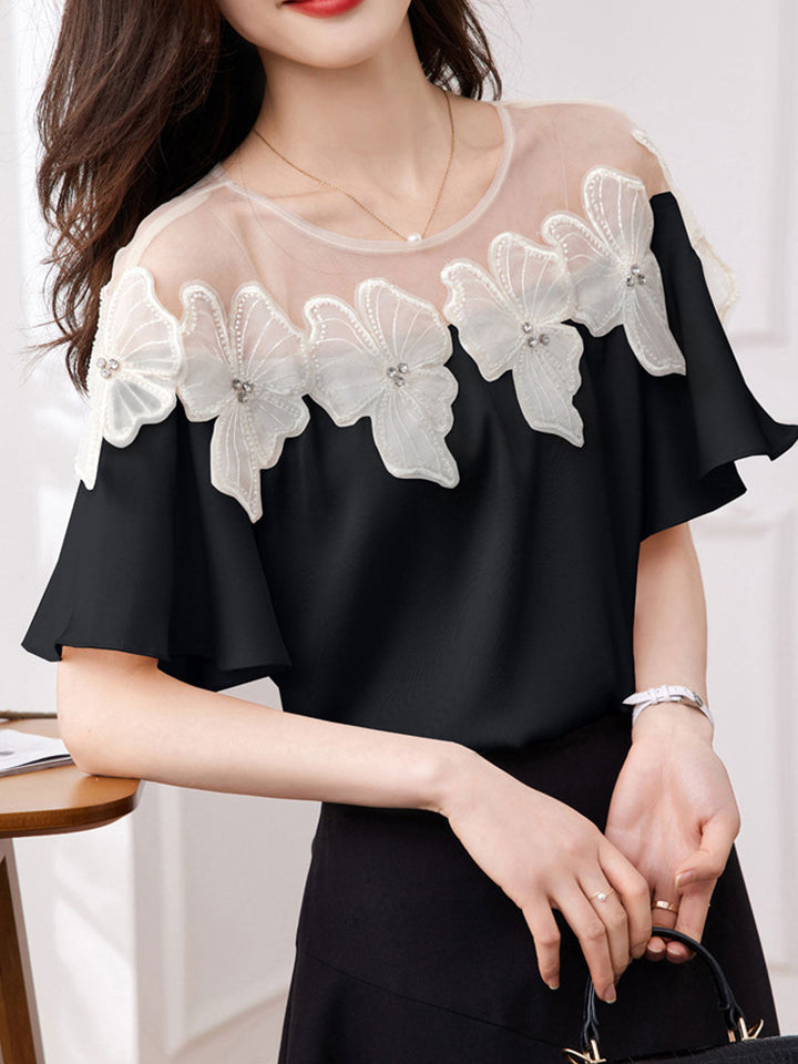 Ava Retro Mesh Splicing Beaded Flower Chiffon Top-Black