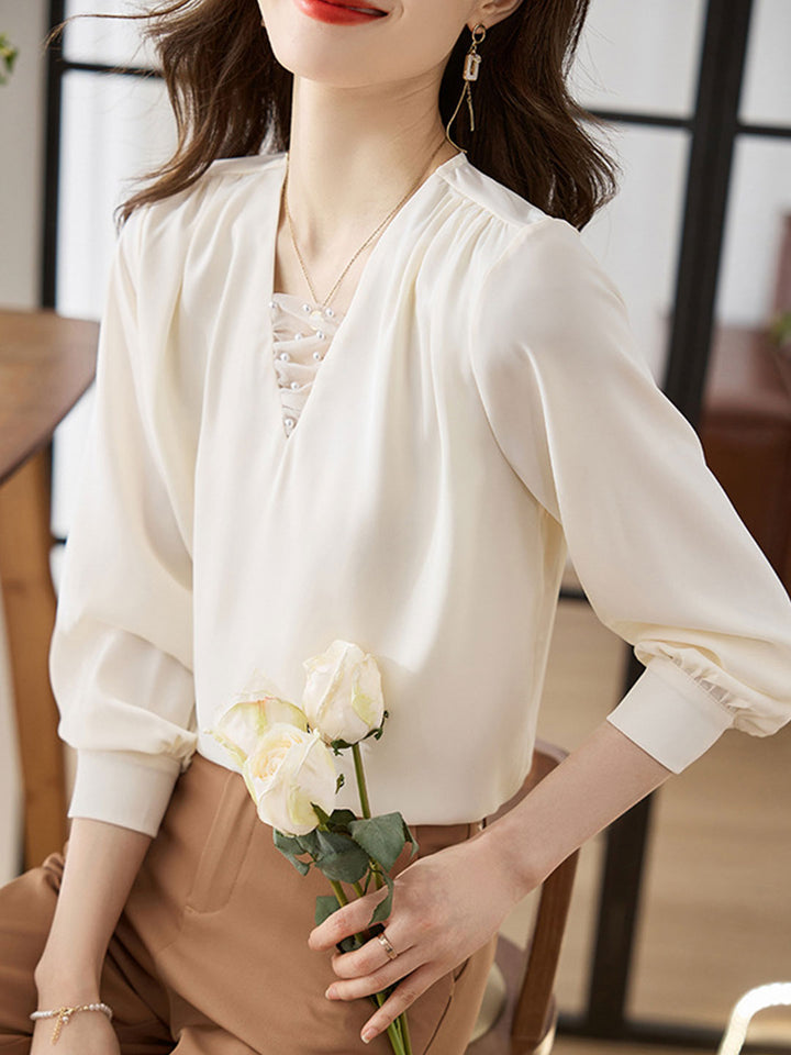 Brianna Classic V-neck Satin Shirt-White