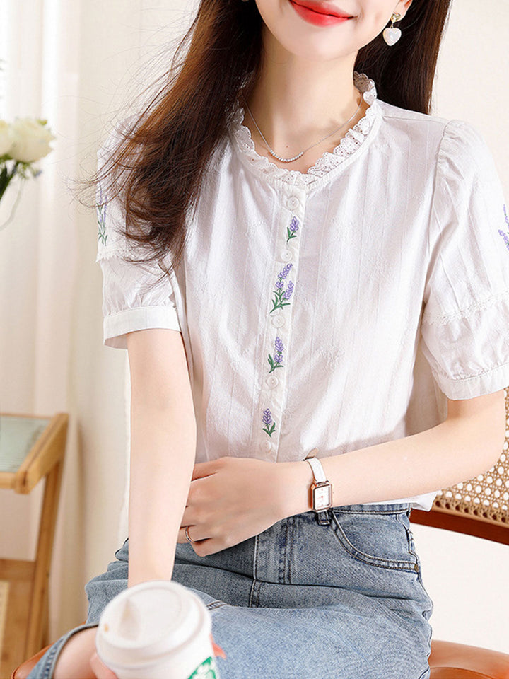 Maria Retro Embroidered  Lace Puff Sleeve Shirt-White