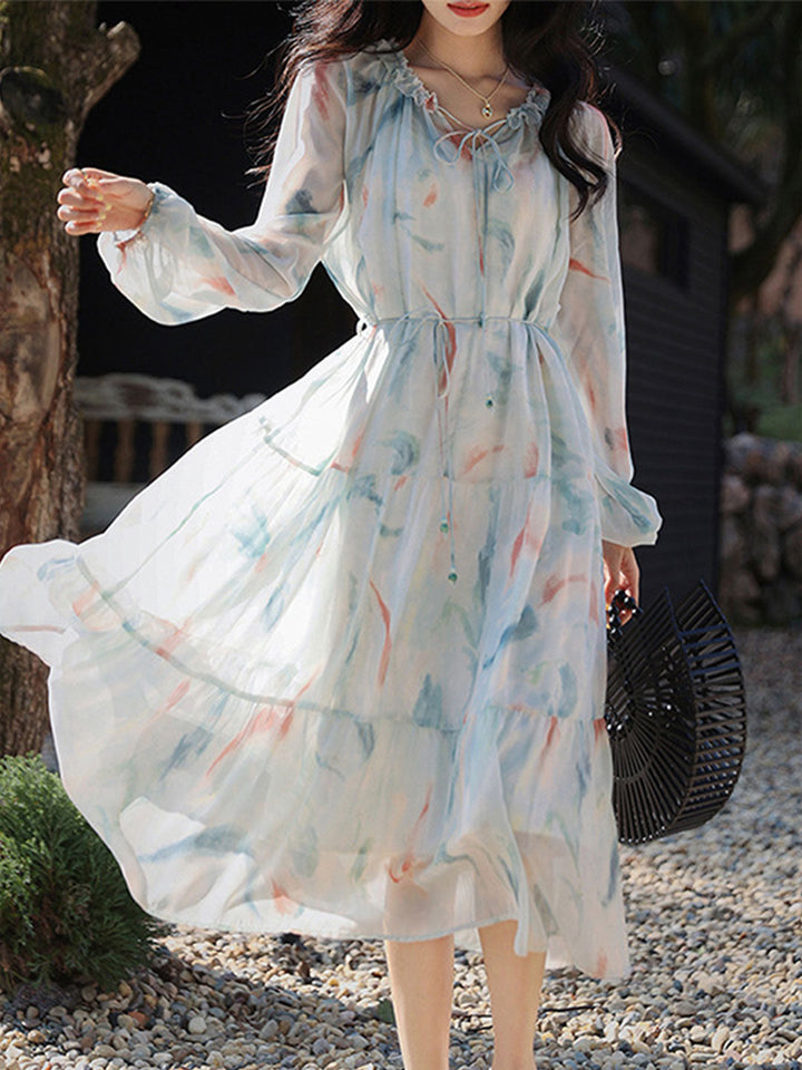 Julia Elegant Printed Floral Chiffon Dress-Long