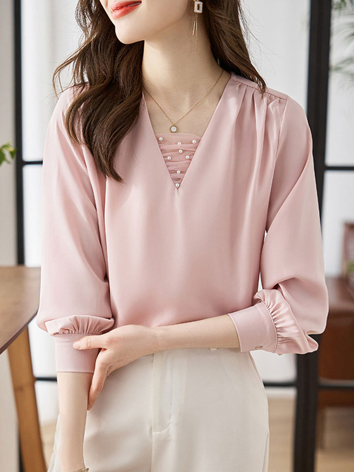 Brianna Classic V-neck Satin Shirt-Pink