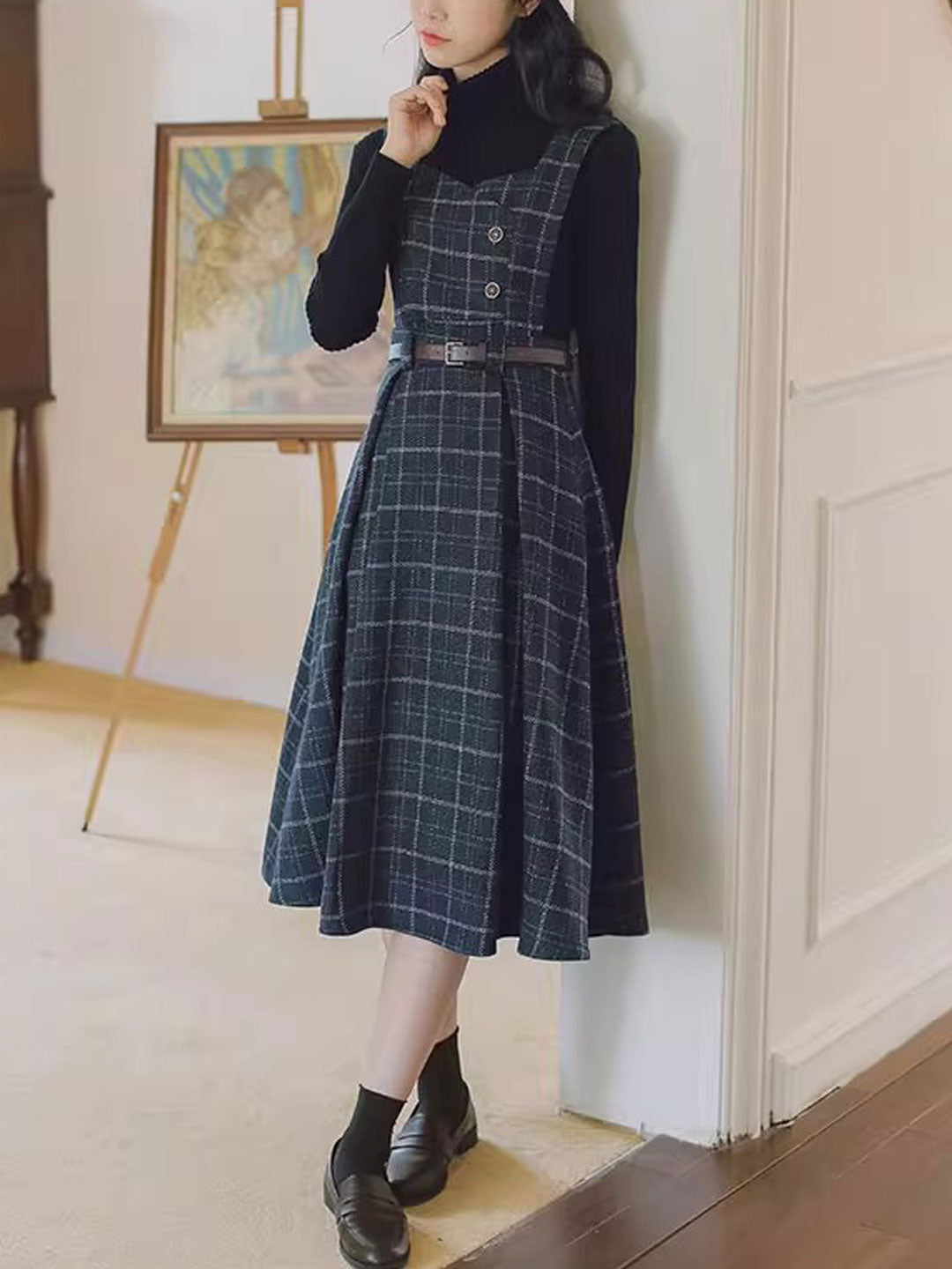 Bella Retro V-Neck Plaid Vest Dress