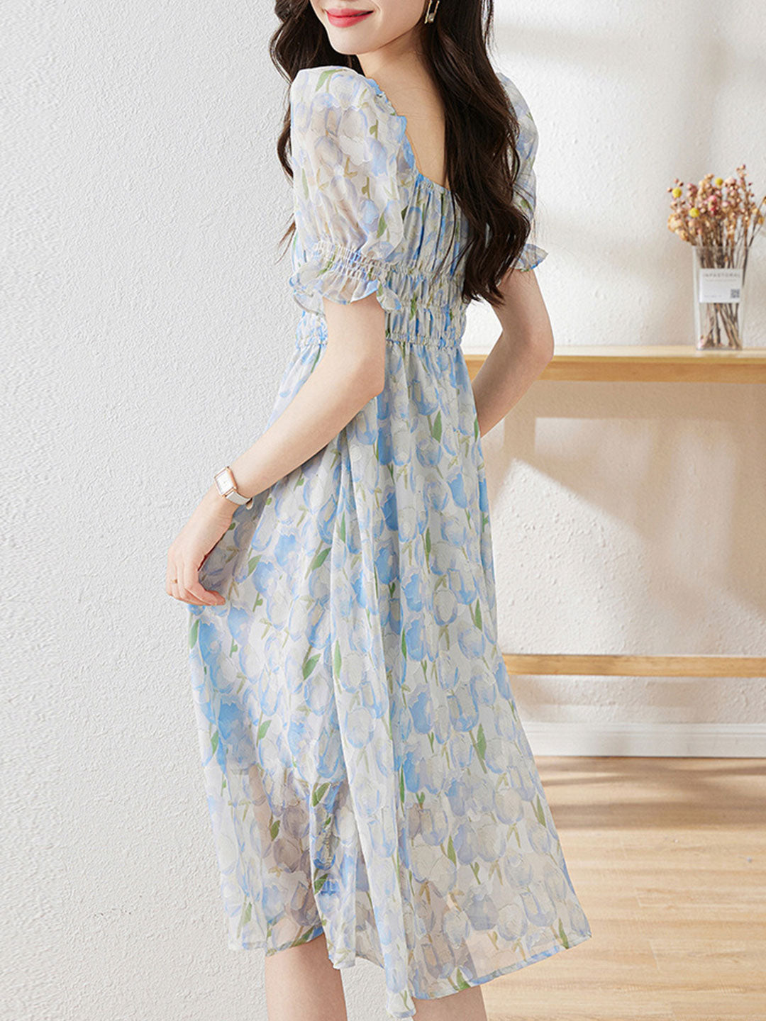 Kayla Classic Jacquard Puff Sleeve Chiffon Dress-Blue