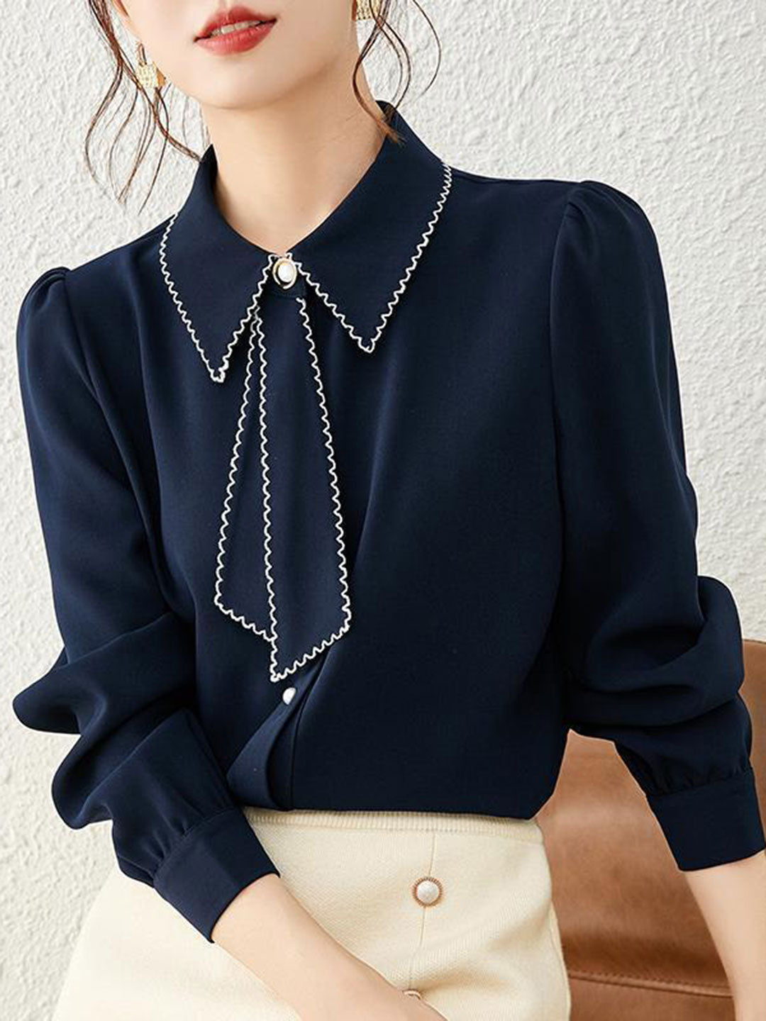 Audrey French Style Chiffon Crew Neck Blouse