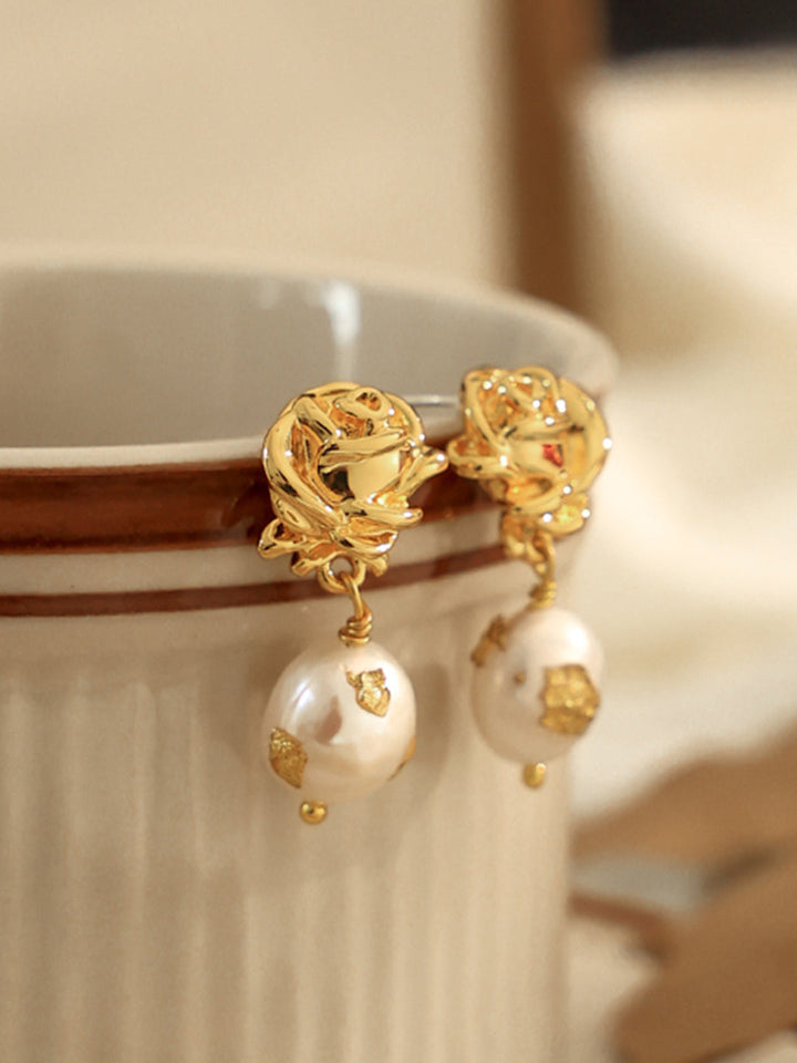 Luxury Gold Foil Natural Real Pearl Rose Earrings